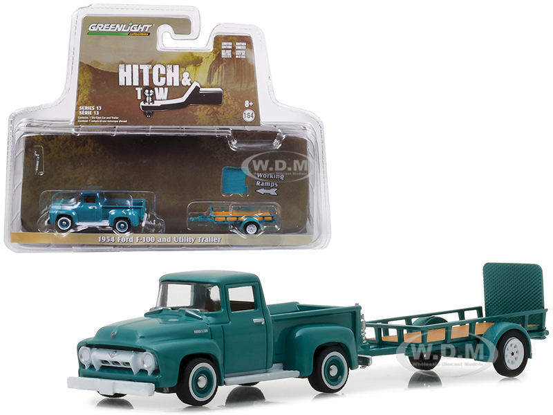 1954 Ford F-100 And Utility Trailer Green Hitch & Tow Series 13 1/64 Diecast Model Car By Greenlight