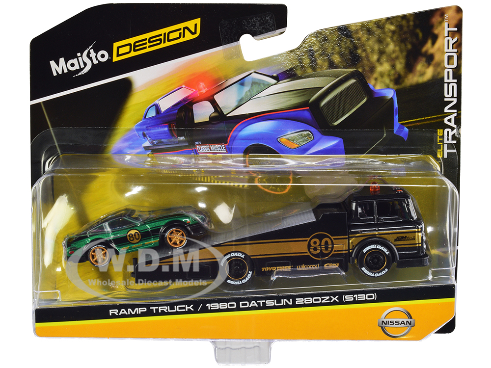 Ramp Truck #80 Dark Gray Metallic with Gold Metallic Stripes JDM Garage and 1980 Datsun 280ZX (S130) #80 Green Metallic with Stripes Elite Transport Series 1/64 Diecast Models by Maisto