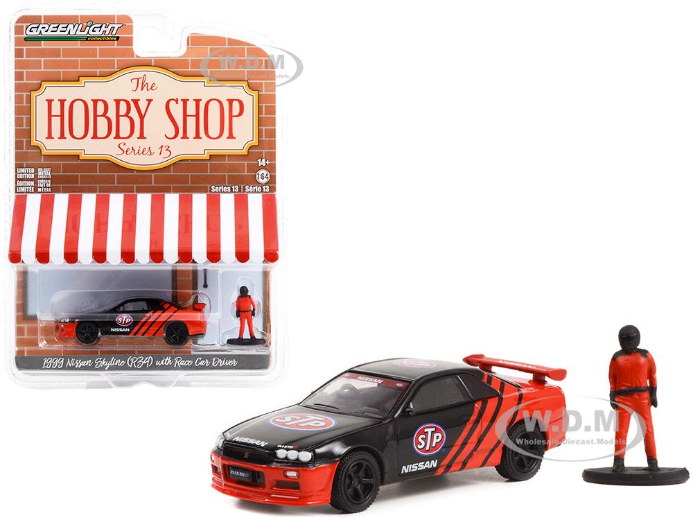1999 Nissan Skyline (R34) RHD (Right Hand Drive) Black and Red "STP" and Race Car Driver Figure "The Hobby Shop" Series 13 1/64 Diecast Model Car by