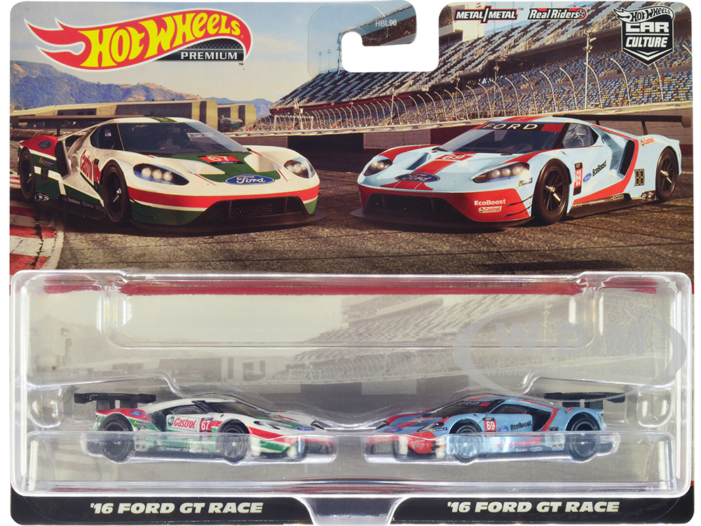 2016 Ford GT Race 67 White with Green and Red Stripes and 2016 Ford GT Race 69 Light Blue Metallic with Orange Stripes "Car Culture" Set of 2 Cars Di