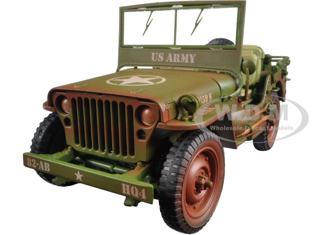 Us Army Wwii Jeep Vehicle Green Weathered Version 1/18 Diecast Model Car By American Diorama