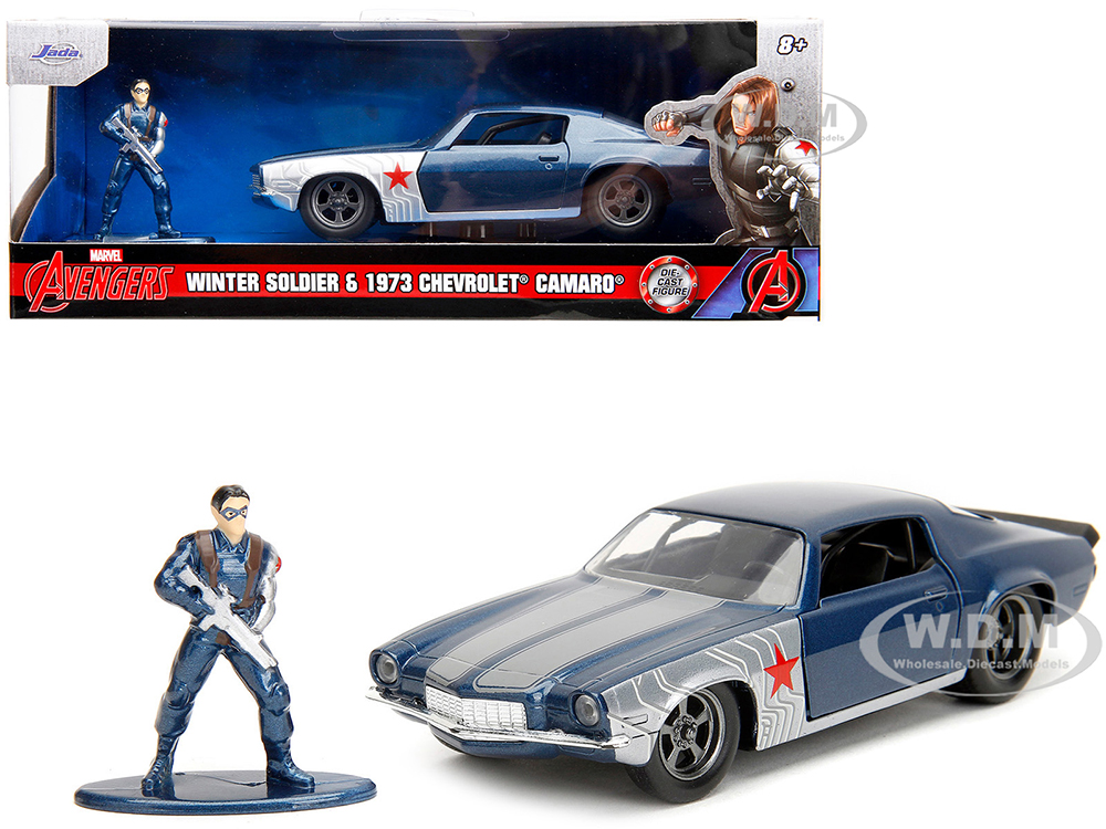 1973 Chevrolet Camaro Dark Blue Metallic with Gray Stripes and Winter Soldier Diecast Figure "Marvel Avengers" "Hollywood Rides" Series 1/32 Diecast