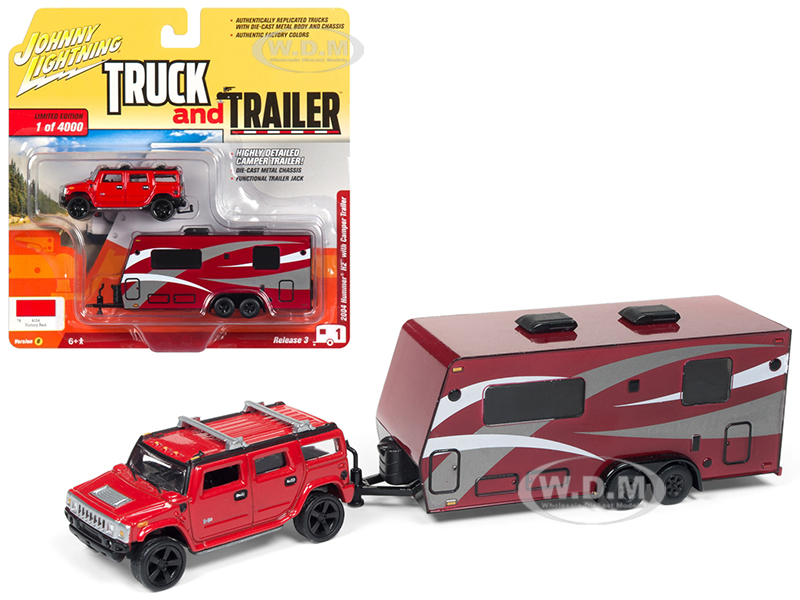 2004 Hummer H2 Red with Dark Red Camper Trailer Limited Edition to 4000 pieces Worldwide "Truck and Trailer" Series 3 1/64 Diecast Model Car by Johnn