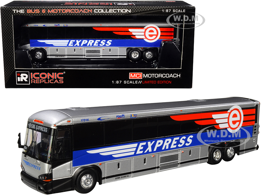 MCI D4505 Motorcoach Bus 595x Broward Express (Florida) Silver with Blue Stripes "The Bus &amp; Motorcoach Collection" 1/87 Diecast Model by Iconic R