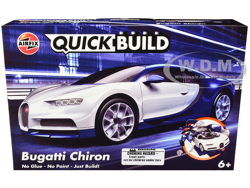 Skill 1 Model Kit Bugatti Chiron White / Blue Snap Together Painted Plastic Model Car Kit by Airfix Quickbuild