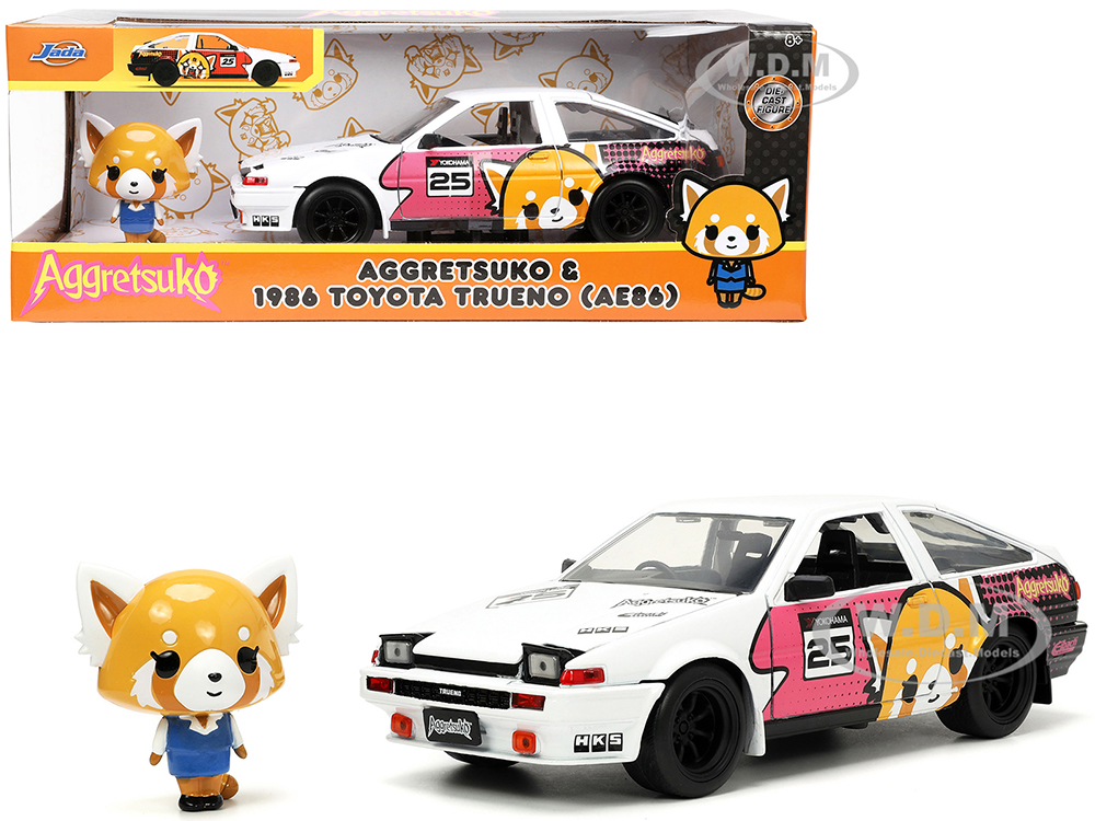 1986 Toyota Trueno (AE86) RHD (Right Hand Drive) #25 White with Graphics and Aggretsuko Diecast Figure Aggretsuko Anime Hollywood Rides Series 1/24 Diecast Model Car by Jada