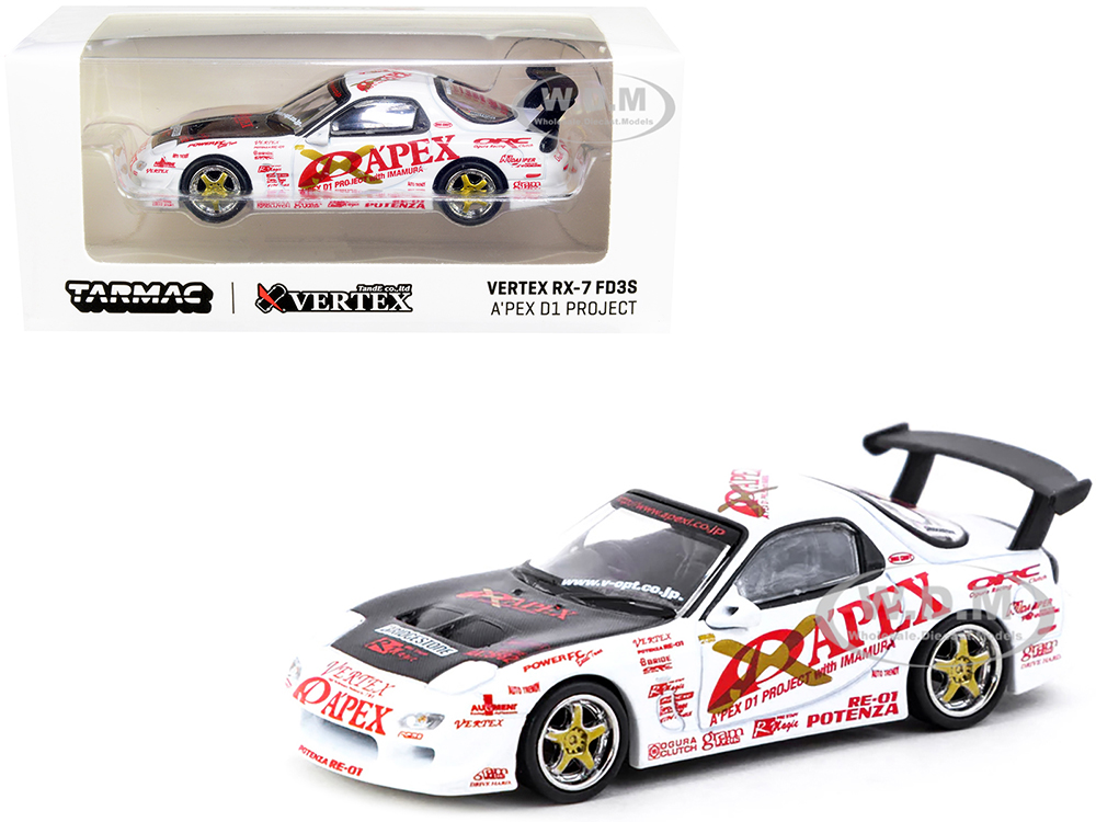 Vertex RX-7 FD3S White with Graphics RHD (Right Hand Drive) APex D1 Project Global64 Series 1/64 Diecast Model Car by Tarmac Works