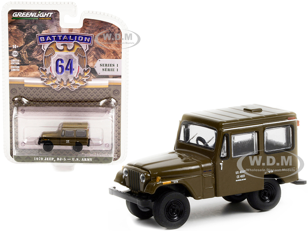 1970 Jeep DJ-5 Dark Olive Green U.S. Army Battalion 64 Release 1 1/64 Diecast Model Car By Greenlight