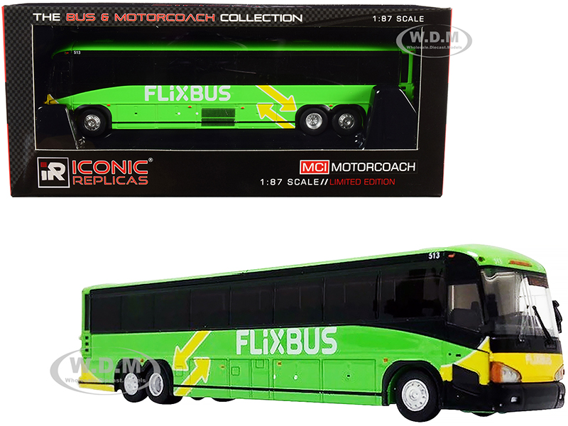 Image of MCI D4505 Motorcoach Bus "Phoenix" (Arizona) "Flixbus" Bright Green and Yellow "The Bus &amp; Motorcoach Collection" 1/87 (HO) Diecast Model by Iconi