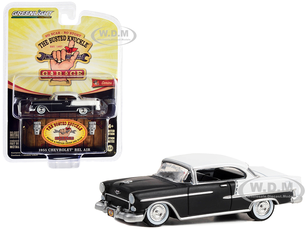 1955 Chevrolet Bel Air Lowrider Matt Black and White Miracle Used Cars Busted Knuckle Garage Series 2 1/64 Diecast Model Car by Greenlight