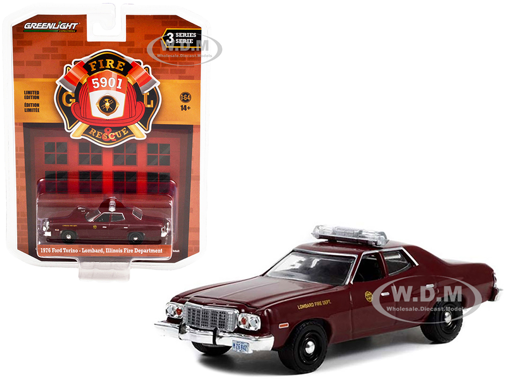 1976 Ford Torino Maroon Lombard Fire Department (Illinois) Fire & Rescue Series 3 1/64 Diecast Model Car by Greenlight