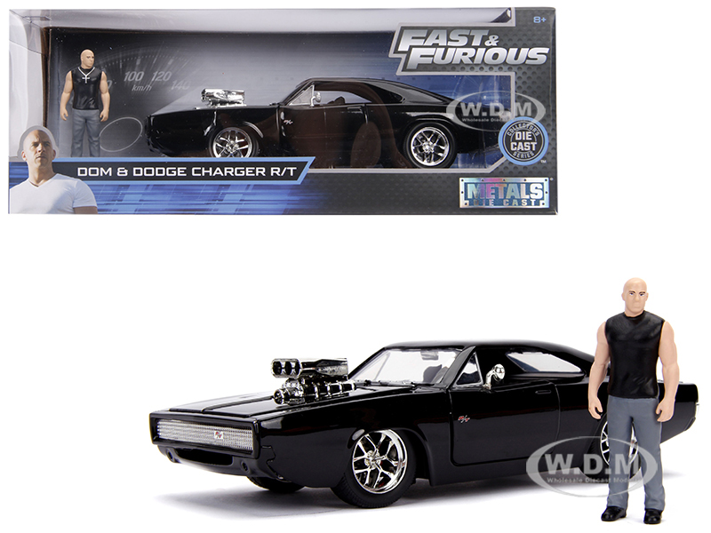 Dodge Charger R/T Black with Dom Diecast Figurine "Fast &amp; Furious" Movie 1/24 Diecast Model Car by Jada