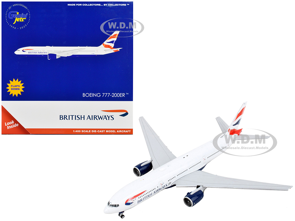 Boeing 777-200ER Commercial Aircraft with Flaps Down British Airways White with Tail Stripes 1/400 Diecast Model Airplane by GeminiJets