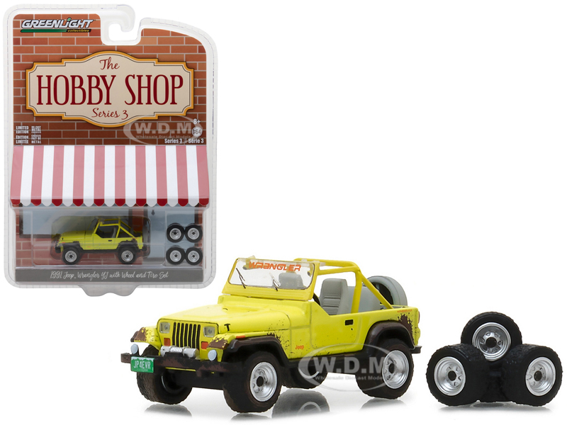 1991 Jeep Yj Yellow With Wheel And Tire Set "the Hobby Shop" Series 3 1/64 Diecast Model Car By Greenlight