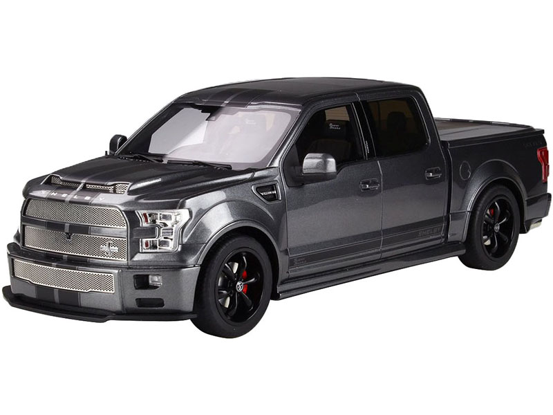 2017 Ford Shelby F-150 Super Snake Pickup Truck with Bed Cover Magnetic Metallic Gray with Black Stripes 1/18 Model Car by GT Spirit for ACME