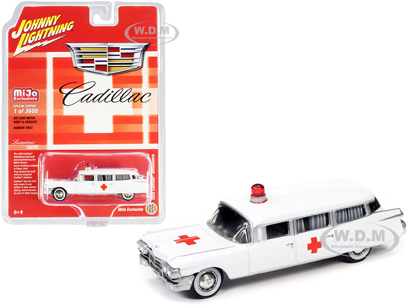 1959 Cadillac Ambulance White Special Edition Limited Edition to 3600 pieces Worldwide 1/64 Diecast Model Car by Johnny Lightning