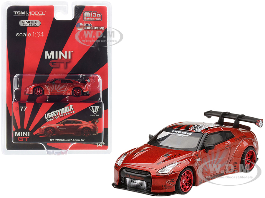 Image of Nissan GT-R (R35) Type 1 LB Works "LibertyWalk" with Rear Wing Candy Red Metallic Limited Edition to 3600 pieces Worldwide 1/64 Diecast Model Car by