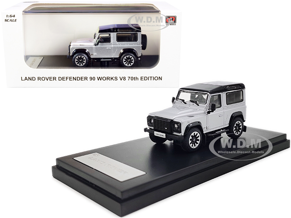 Land Rover Defender 90 Works V8 Silver Metallic with Black Top 70th Edition 1/64 Diecast Model Car by LCD Models