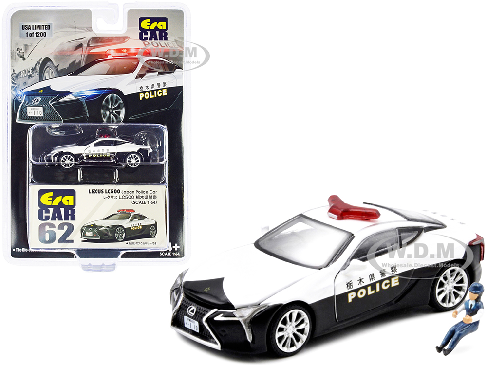 Lexus LC500 Black and White Japan Police with Police Officer Figurine Limited Edition to 1200 pieces 1/64 Diecast Model Car by Era Car