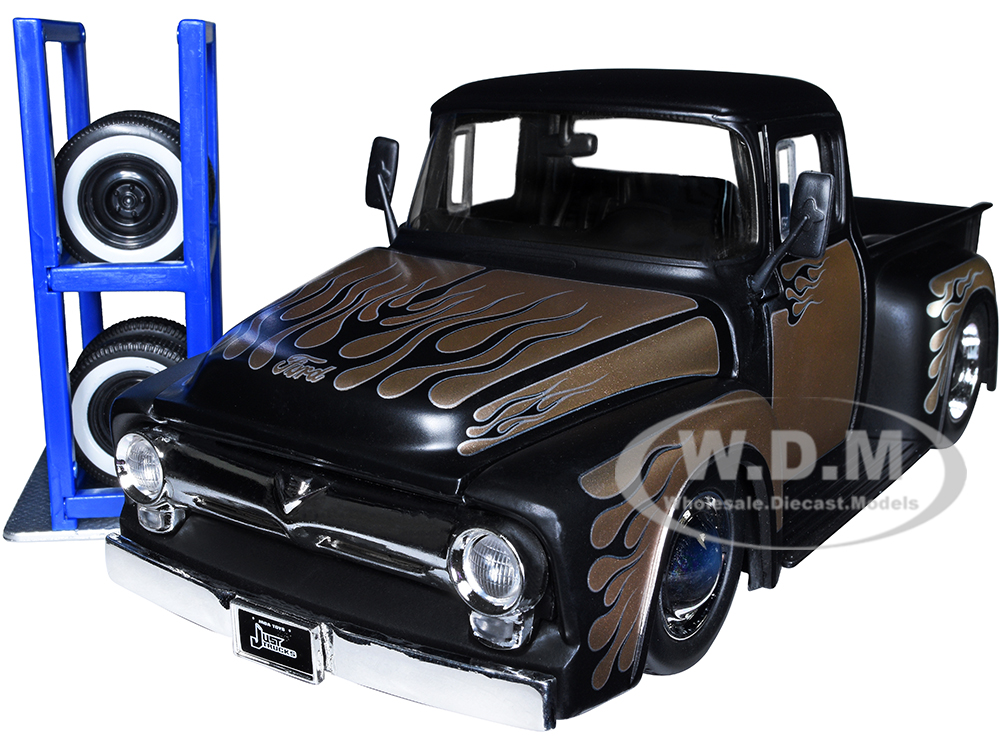 1956 Ford F-100 Pickup Truck Matt Black and Champagne with Flames with Extra Wheels Just Trucks Series 1/24 Diecast Model Car by Jada