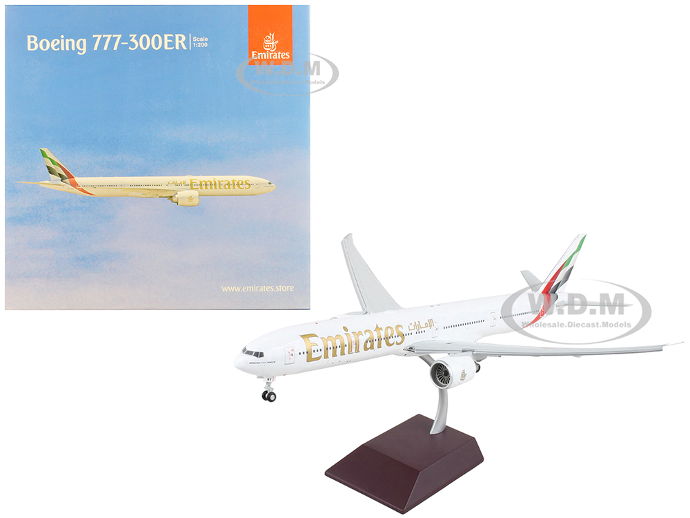 Boeing 777-300ER Commercial Aircraft with Flaps Down Emirates Airlines - 2023 Livery White with Striped Tail Gemini 200 Series 1/200 Diecast Model Airplane by GeminiJets