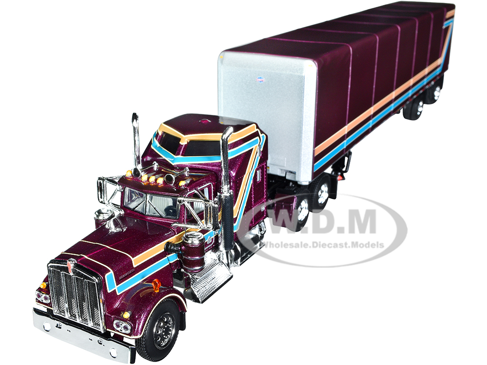 Kenworth W900A with 60 Aerodyne Sleeper and Utility 53 ABS Spread-Axle Roll Tarp Trailer Plum Purple with Stripes 1/64 Diecast Model by DCP/First Gear