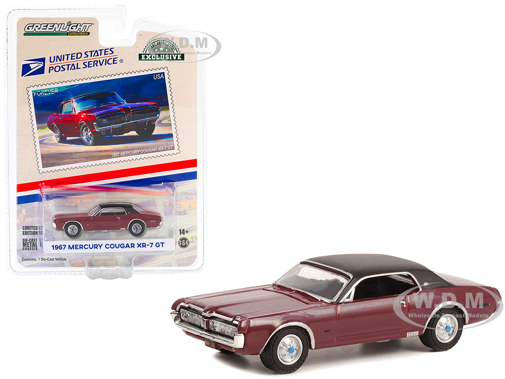 1967 Mercury Cougar XR-7 GT Dark Red with Black Top USPS (United States Postal Service) 2022 Pony Car Stamp Collection by Artist Tom Fritz Hobby Exclusive Series 1/64 Diecast Model Car by Greenlight