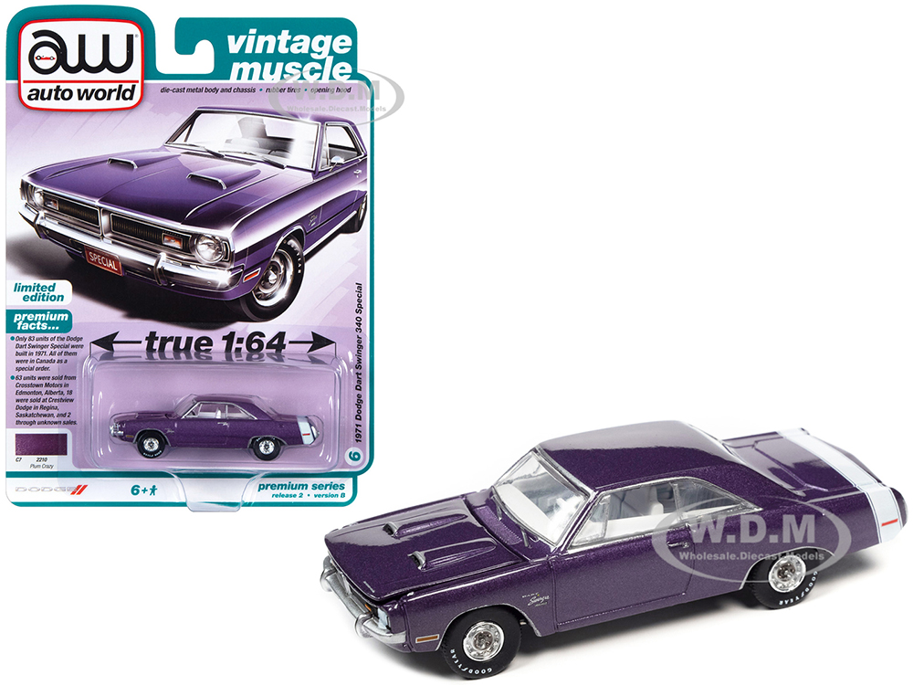 1971 Dodge Dart Swinger 340 Special Plum Crazy Purple Metallic with White Tail Stripe "Vintage Muscle" Limited Edition 1/64 Diecast Model Car by Auto