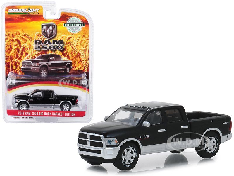 2018 Dodge Ram 2500 Big Horn Pickup Truck Brilliant Black And Silver "harvest Edition" "hobby Exclusive" 1/64 Diecast Model Car By Greenlight