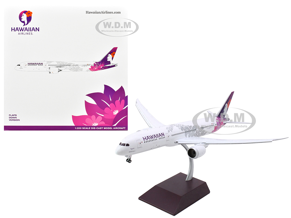 Boeing 787-9 Dreamliner Commercial Aircraft with Flaps Down Hawaiian Airlines (N780HA) White with Purple Tail Gemini 200 Series 1/200 Diecast Model Airplane by GeminiJets