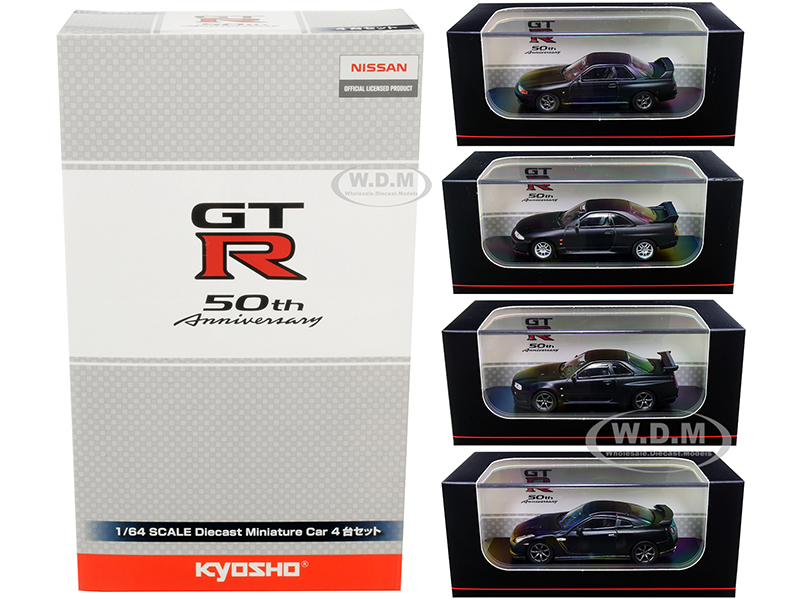 Image of "GT-R 50th Anniversary" Nissan GT-R Matt Black Set of 4 Cars 1/64 Diecast Model Cars by Kyosho