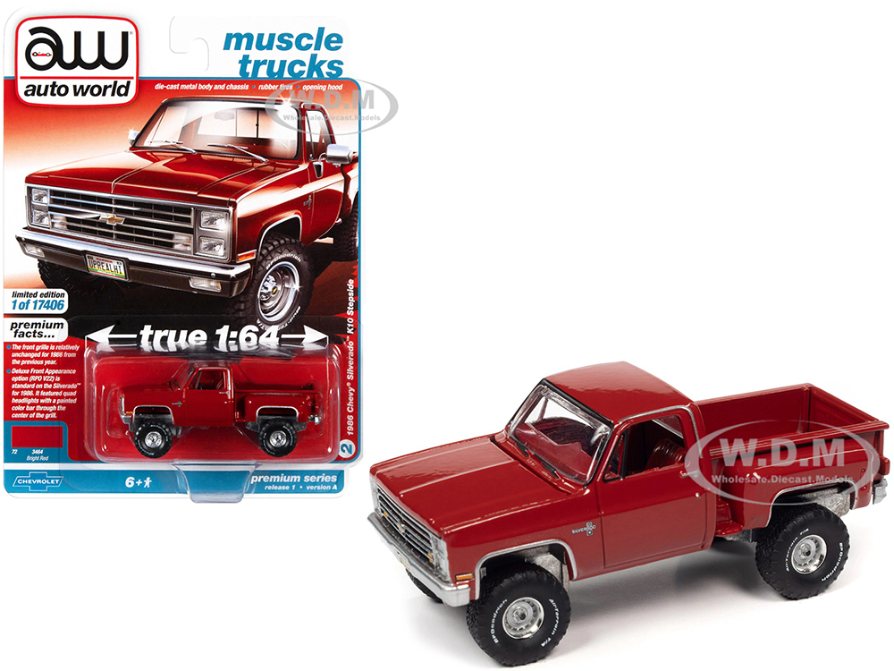 1986 Chevrolet Silverado K10 Stepside Pickup Truck Bright Red with Red Interior "Muscle Trucks" Limited Edition to 17406 pieces Worldwide 1/64 Diecas
