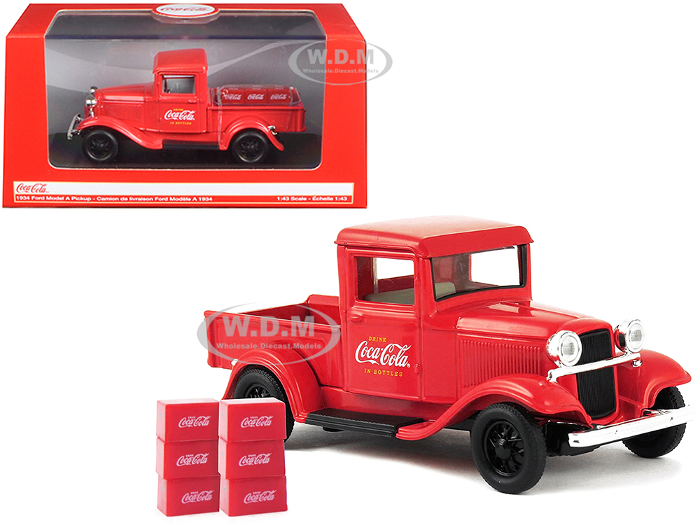 1934 Ford Model A Pickup Truck Red with 6 Bottle Cartons Coca-Cola 1/43 Diecast Model Car by Motor City Classics