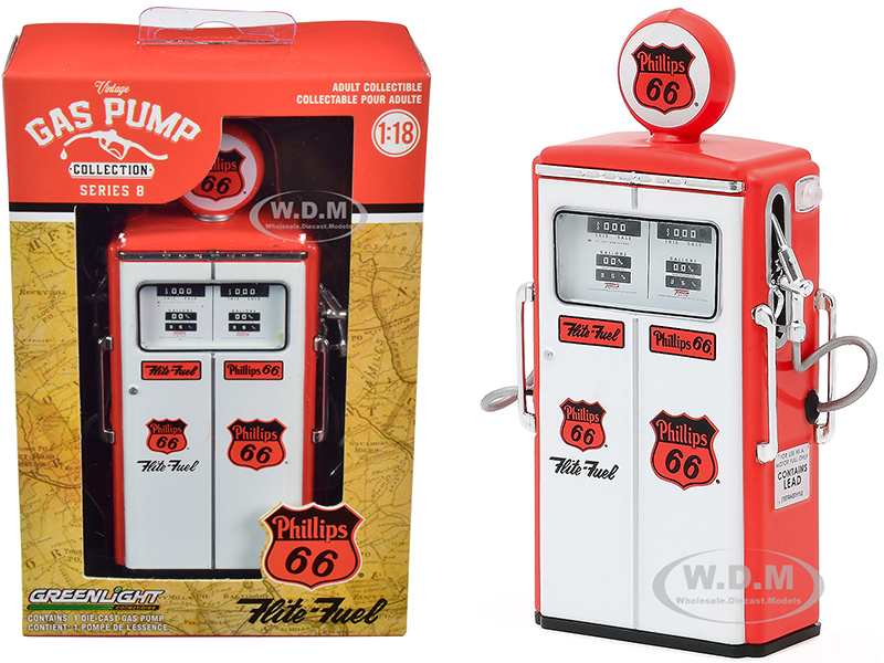 Image of 1954 Tokheim 350 Twin Gas Pump "Phillips 66 Flite-Fuel" Red and White "Vintage Gas Pumps" Series 8 1/18 Diecast Model by Greenlight