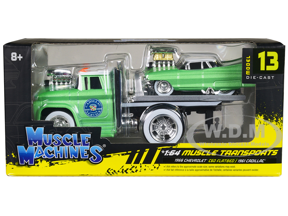 1966 Chevrolet C60 Flatbed Truck Green Metallic with White Top "Cadillac Service" and 1961 Cadillac Coupe Green Metallic with White Top "Muscle Trans