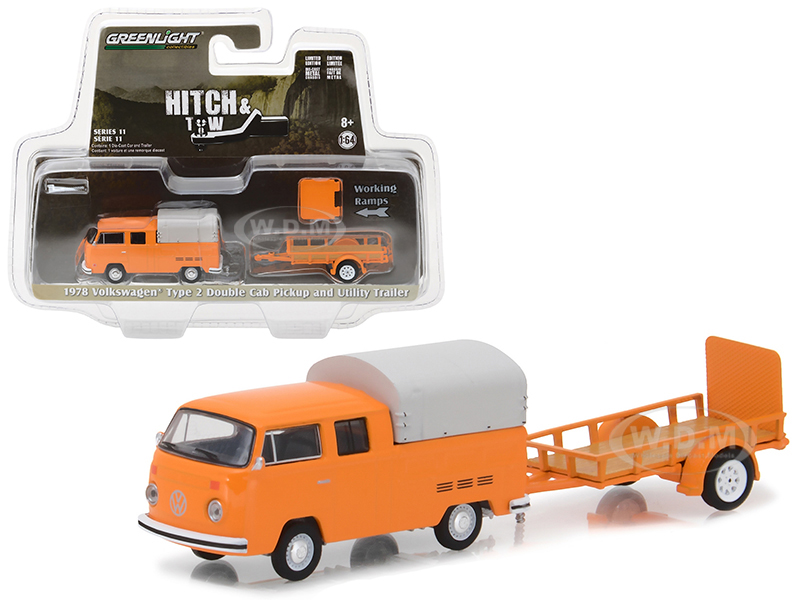 1978 Volkswagen Type 2 Double Cab Pickup Truck Orange with Utility Trailer Hitch & Tow Series 11 1/64 Diecast Model Car by Greenlight