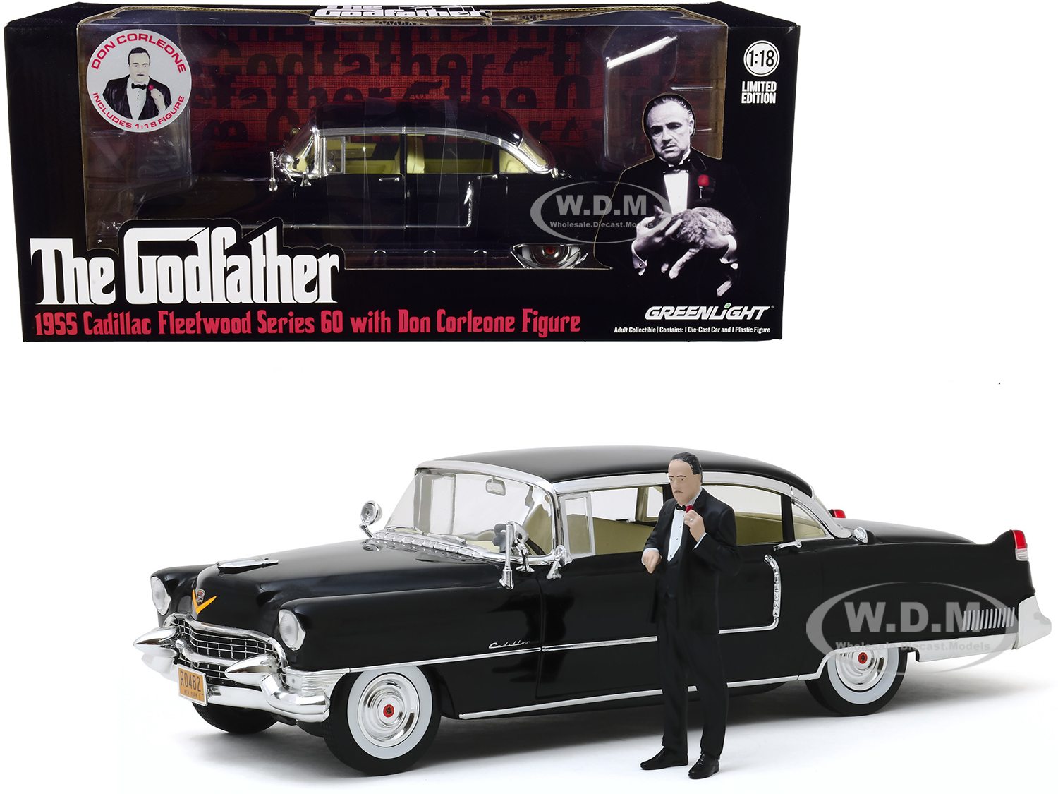 1955 Cadillac Fleetwood Series 60 Black With Don Corleone Figure "the Godfather" (1972) Movie 1/18 Diecast Model Car By Greenlight
