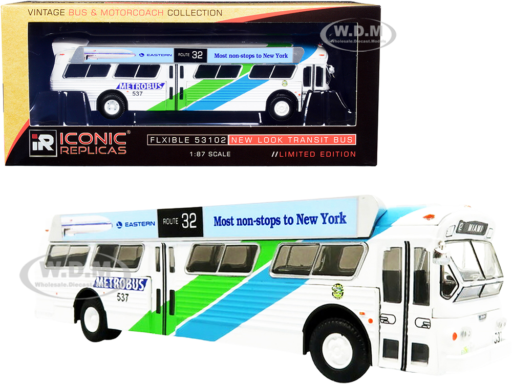 Flxible 53102 Transit Bus #32 Miami Metrobus (Florida) with Bus-O-Rama Boards Eastern Airlines White with Green and Blue Stripes Vintage Bus & Motorcoach Collection 1/87 (HO) Diecast Model by Iconic Replicas