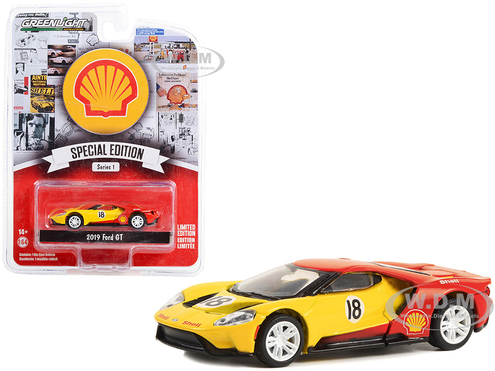 2019 Ford GT #18 Yellow and Red Shell Oil Shell Oil Special Edition Series 1 1/64 Diecast Model Car by Greenlight