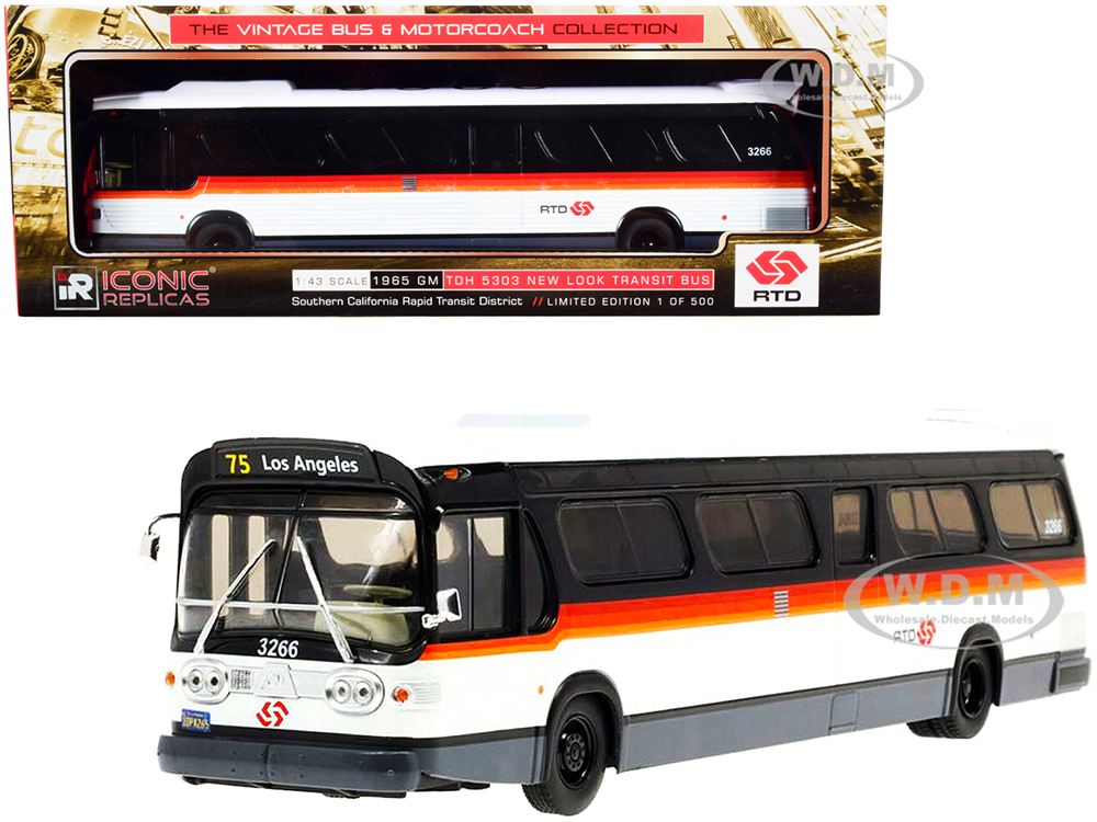 1965 GM TDH 5303 New Look Transit Bus 75 Los Angeles "RTD" White and Black with Stripes "The Vintage Bus &amp; Motorcoach Collection" Limited Edition