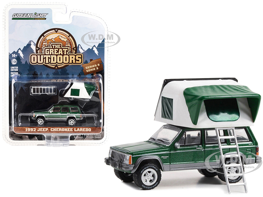 1992 Jeep Cherokee Laredo Hunter Green Metallic with White Interior and Modern Rooftop Tent "The Great Outdoors" Series 3 1/64 Diecast Model Car by G