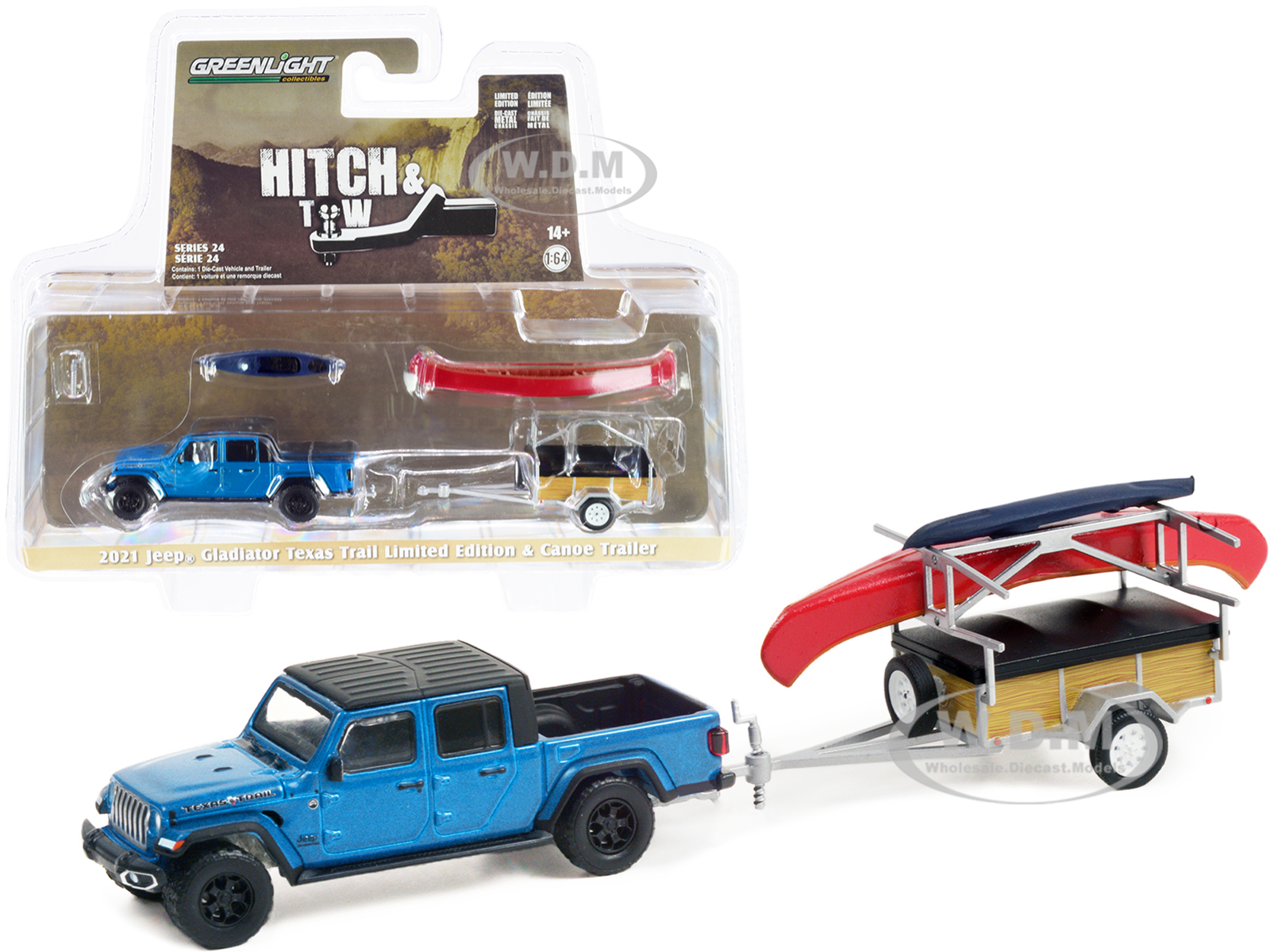 2021 Jeep Gladiator Texas Trail Limited Edition Pickup Truck Hydro Blue Pearl with Black Top with Canoe Trailer and Canoe Rack with Canoe and Kayak "