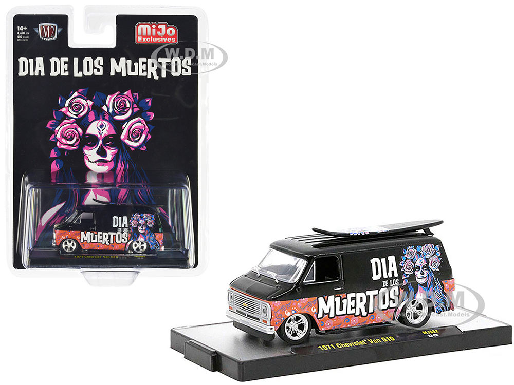1971 Chevrolet C10 Van Black with Graphics Dia De Los Muertos With Surfboard on Roof Limited Edition to 4400 pieces Worldwide 1/64 Diecast Model Car by M2 Machines