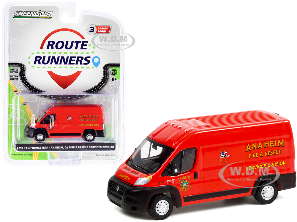 2018 Ram ProMaster 2500 Cargo High Roof Van Red Anaheim Fire & Rescue Services Division (California) Route Runners Series 3 1/64 Diecast Model by Greenlight