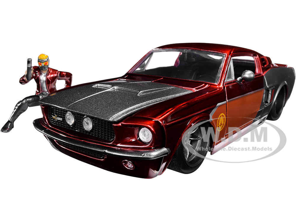 1967 Ford Mustang Shelby GT-500 Red Metallic and Gray Metallic with Star-Lord Diecast Figurine Guardians of the Galaxy Marvel Series 1/24 Diecast Model Car by Jada
