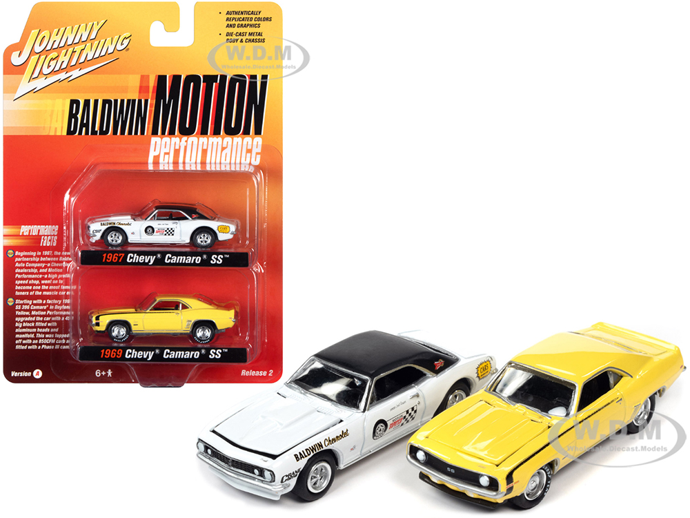 1969 Chevrolet Camaro SS Yellow and 1967 Chevrolet Camaro SS White "Baldwin Motion Performance" Set of 2 pieces 1/64 Diecast Model Cars by Johnny Lig