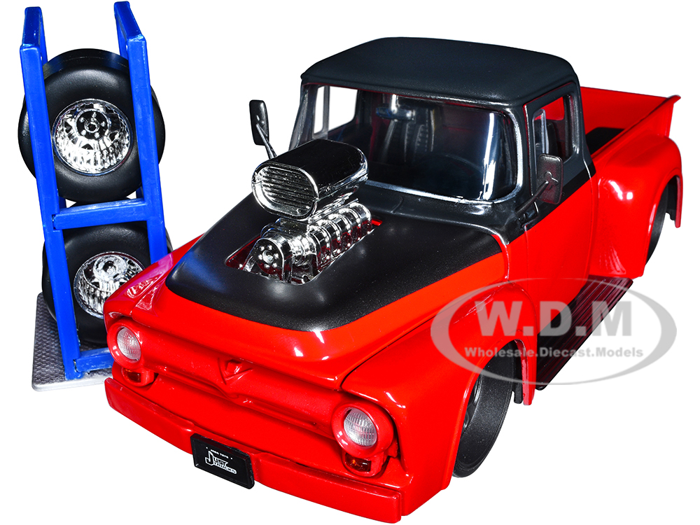 1956 Ford F-100 Pickup Truck Red and Dark Gray Metallic with Extra Wheels "Just Trucks" Series 1/24 Diecast Model Car by Jada