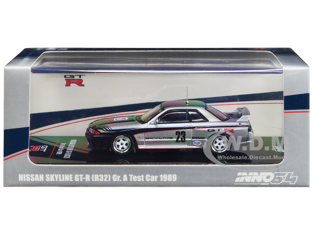 Nissan Skyline GT-R (R32) RHD (Right Hand Drive) 23 Silver Metallic with Black Graphics "Gr. A Test Car" (1989) 1/64 Diecast Model Car by Inno Models