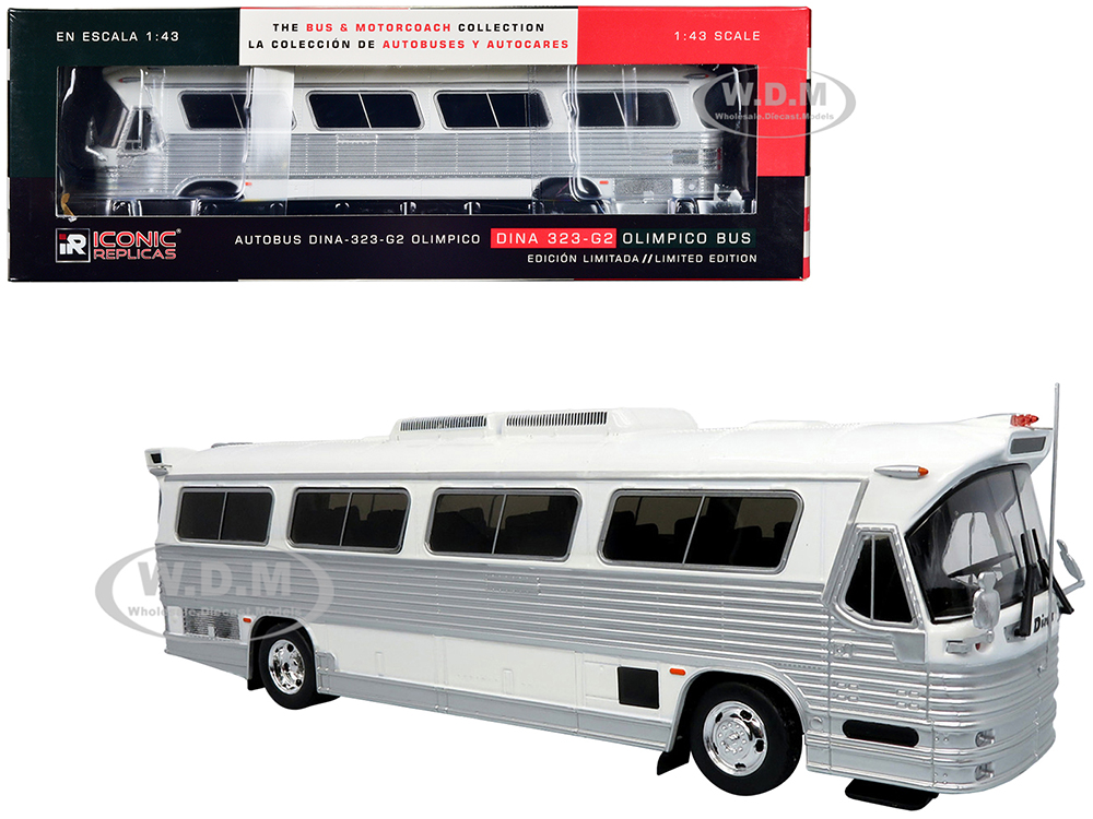 1980 Dina 323-G2 Olimpico Coach Bus White and Silver The Bus & Motorcoach Collection 1/43 Diecast Model by Iconic Replicas