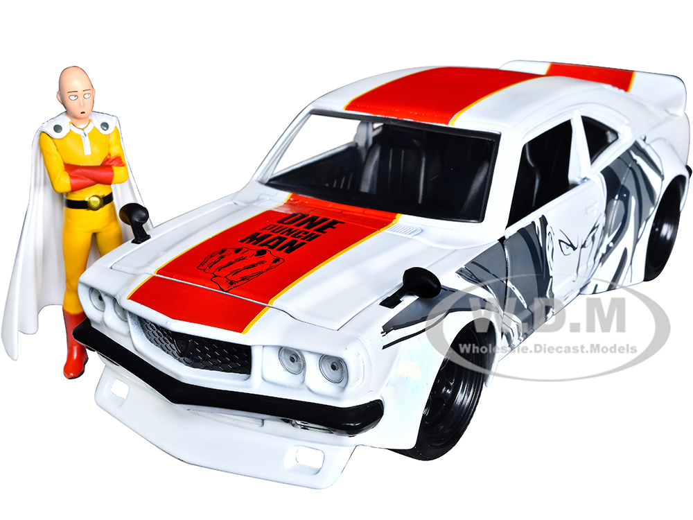 1974 Mazda RX-3 White with Red Stripe and Graphics and Saitama Diecast Figure "One Punch Man" (2015-2019) TV Series 1/24 Diecast Model Car by Jada